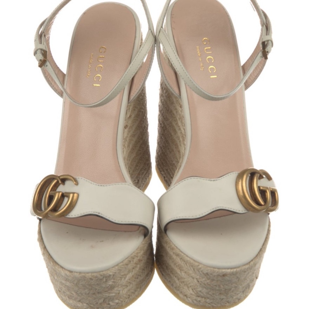 Gucci Cream Wedge Sandals with Gold Accent